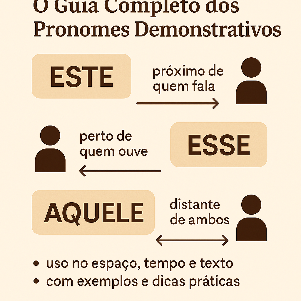 Infográfico em português explicando pronomes demonstrativos — este, esse e aquele — com ícones de pessoas e setas mostrando proximidade e distância no espaço e no tempo.